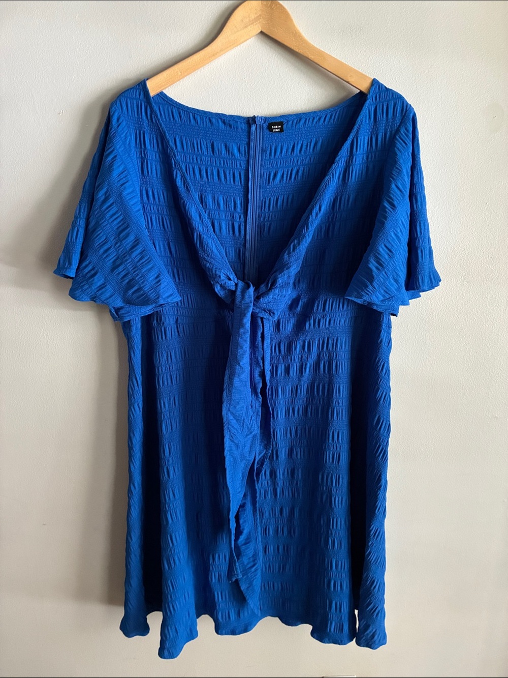 SHEIN Curve Blue Textured Tie Front Flutter Sleeve Mini Dress Plus Size
